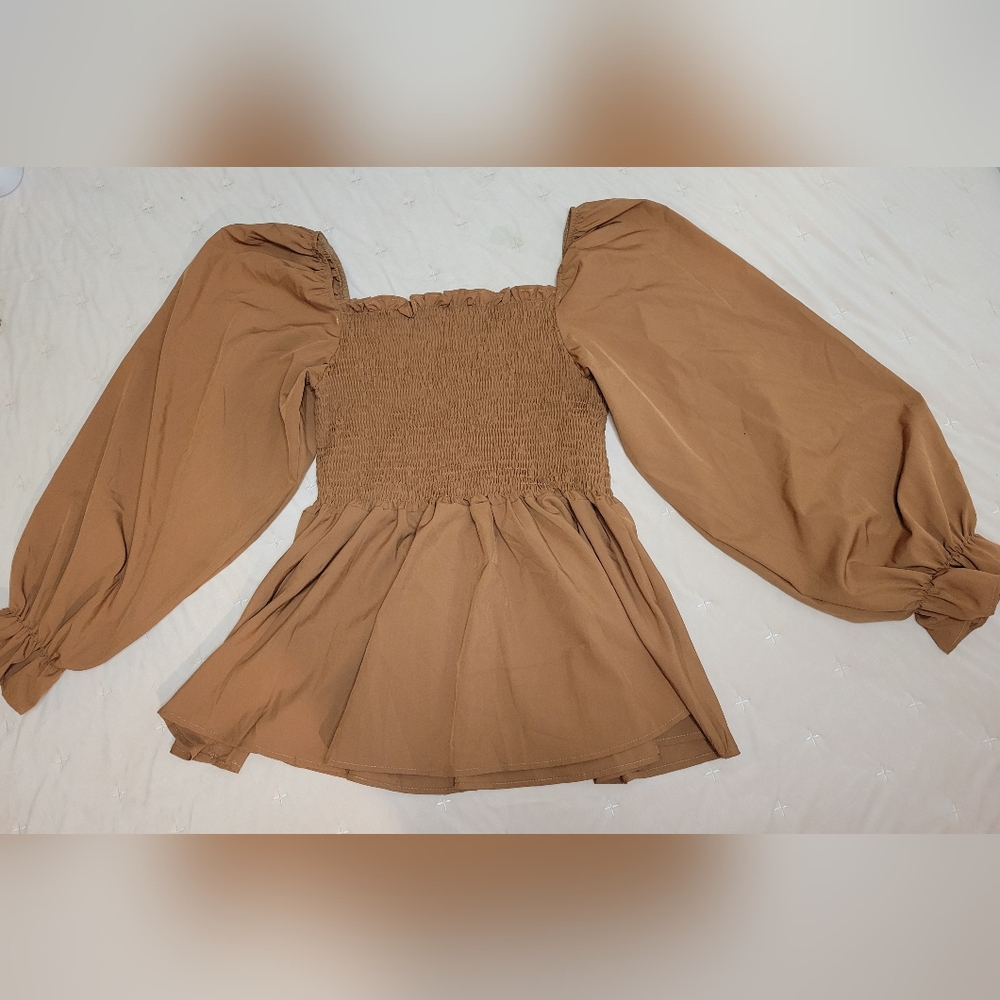 Brown Smocked Long Sleeve Top